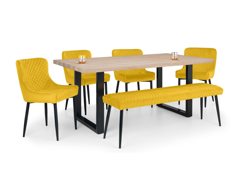 Bently Dining Table with 1 Cruz Low Benches and 4 Cruz Chairs - Mustard