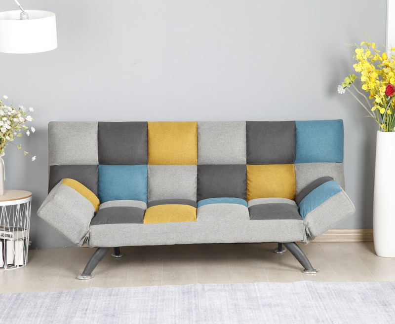 Boston Double Semi Reclined Sofabed - Mustard | Blue Patchwork