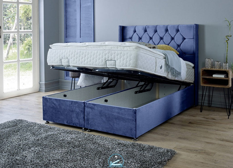 Marlon 5ft Kingsize Ottoman Bed Frame- Velvet Blue
