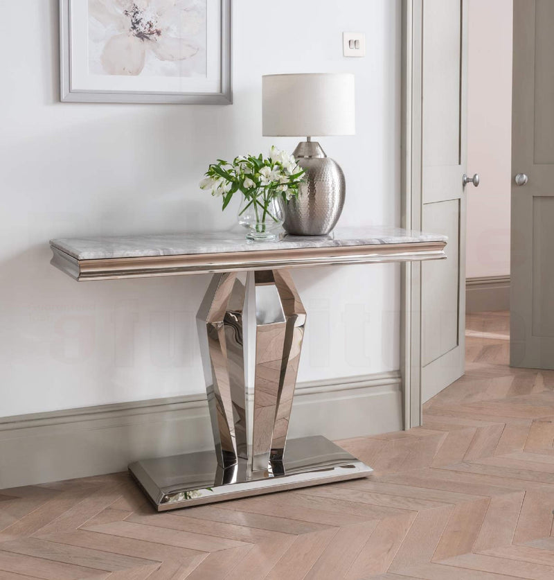 Arturo Console Table Stainless Steel Legs and Grey Marble Top