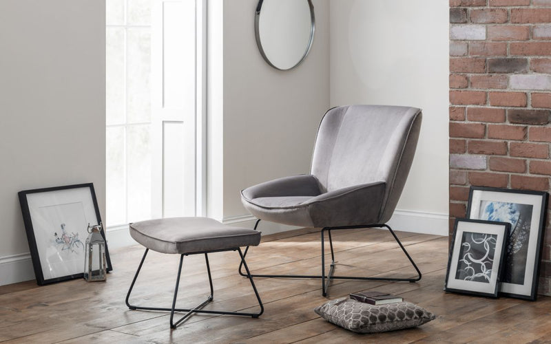 Maris Velvet Accent Chair With Stool - Grey
